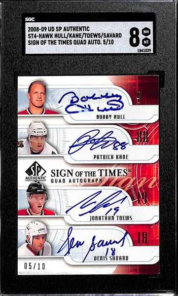 2008-09 Upper Deck SP Authentic Bobby Hull, Patrick Kane, Jonathan Toews, and Denis Savard Sign Of The Times Quad Autographed Card (#/10) Graded SGC 8