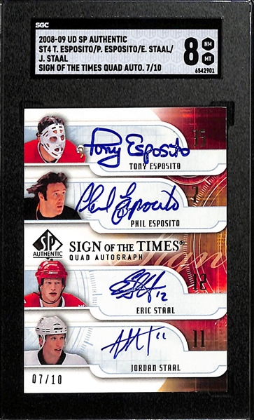 2008-09 Upper Deck SP Authentic Tony Esposito, Phil Esposito, Eric Staal, and Jordan Staal Sign Of The Times Quad Autographed Card (#/10) Graded SGC 8