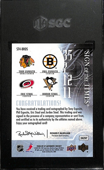 2008-09 Upper Deck SP Authentic Tony Esposito, Phil Esposito, Eric Staal, and Jordan Staal Sign Of The Times Quad Autographed Card (#/10) Graded SGC 8