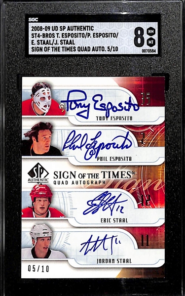 2008-09 Upper Deck SP Authentic Tony Esposito, Phil Esposito, Eric Staal, and Jordan Staal Sign Of The Times Quad Autographed Card (#/10) Graded SGC 8