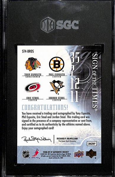 2008-09 Upper Deck SP Authentic Tony Esposito, Phil Esposito, Eric Staal, and Jordan Staal Sign Of The Times Quad Autographed Card (#/10) Graded SGC 8