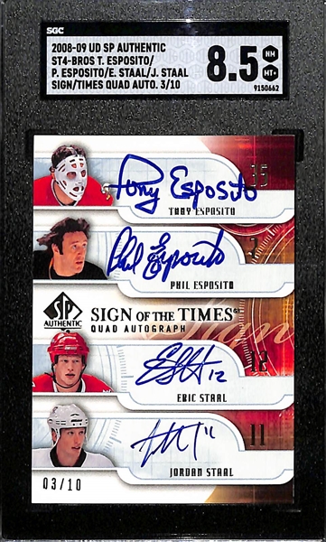 2008-09 Upper Deck SP Authentic Tony Esposito, Phil Esposito, Eric Staal, and Jordan Staal Sign Of The Times Quad Autographed Card (#/10) Graded SGC 8.5