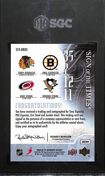 2008-09 Upper Deck SP Authentic Tony Esposito, Phil Esposito, Eric Staal, and Jordan Staal Sign Of The Times Quad Autographed Card (#/10) Graded SGC 8.5