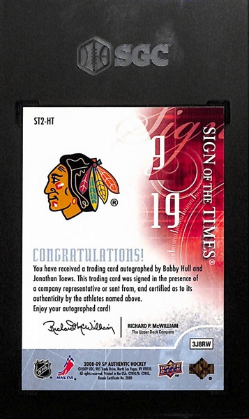 2008-09 Upper Deck SP Authentic Bobby Hull & Jonathan Toews Sign Of The Times Dual Autograph Graded SGC 8.5 