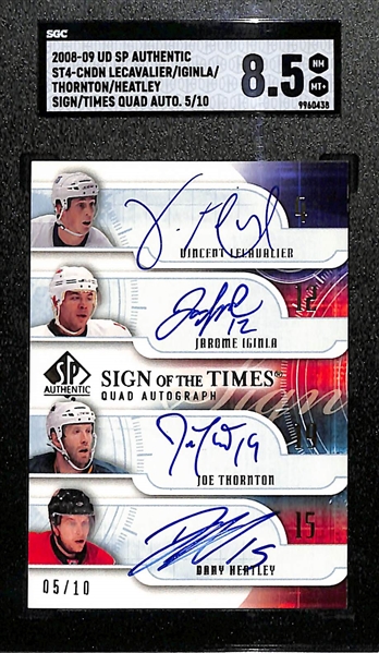 2008-09 Upper Deck SP Authentic Vincent Lecavalier, Jarome Iginla, Joe Thornton, and Dany Heatley Sign Of The Times Quad Autographed Card (#/10) Graded SGC 8.5