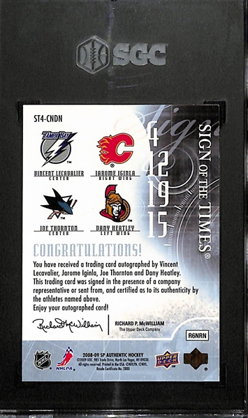 2008-09 Upper Deck SP Authentic Vincent Lecavalier, Jarome Iginla, Joe Thornton, and Dany Heatley Sign Of The Times Quad Autographed Card (#/10) Graded SGC 8.5