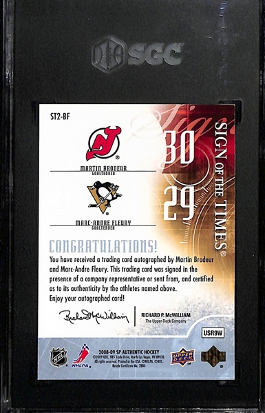 2008-09 Upper Deck SP Authentic Martin Brodeur & Marc-Andre Fleury Sign Of The Times Dual Autograph Graded SGC 9 (Autograph Grade 10)