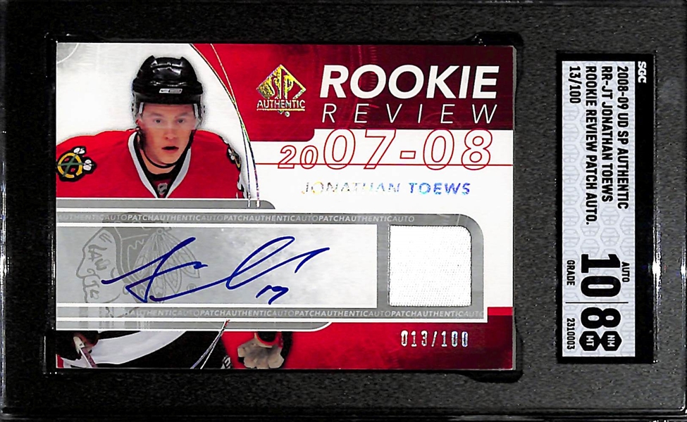 2008-09 Upper Deck SP Authentic Jonathan Toews Rookie Review Patch Autograph (#/100) Graded SGC 8 (Autograph Grade 10) 