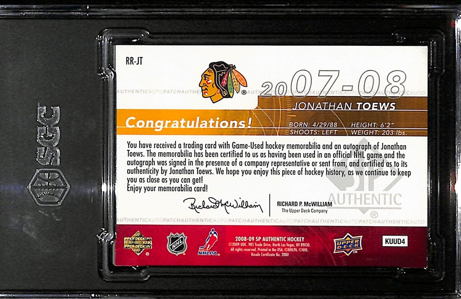 2008-09 Upper Deck SP Authentic Jonathan Toews Rookie Review Patch Autograph (#/100) Graded SGC 8 (Autograph Grade 10) 