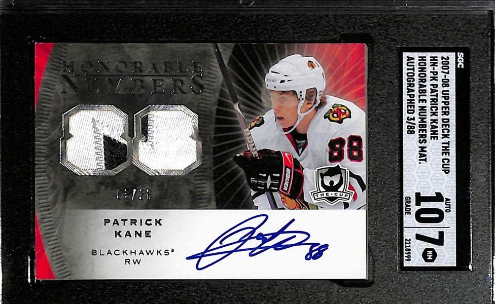 2007-08 Upper Deck The Cup Patrick Kane Honorable Numbers Materials Autographed (#/88) Graded SGC 7 (Autograph Grade 10)