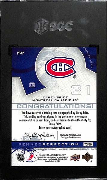 2008-09 Upper Deck SP Authentic Carey Price Penned Perfection Autograph (#/50) Graded SGC 9 (Autograph Grade 10)