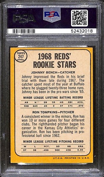 1968 Topps Baseball Johnny Bench Rookie Graded PSA 4.5