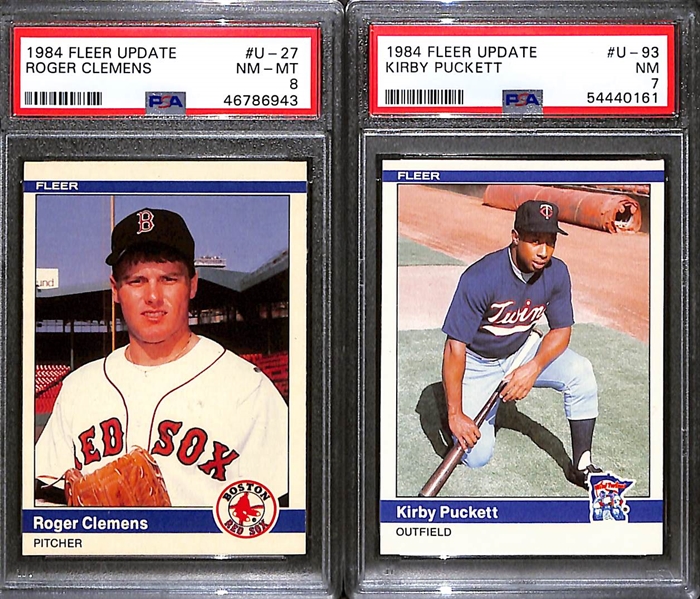 (2) PSA Graded 1984 Fleer Update Baseball Hall of Fame Rookies- Roger Clemens (PSA 8), Kirby Puckett (PSA 7)