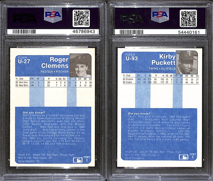 (2) PSA Graded 1984 Fleer Update Baseball Hall of Fame Rookies- Roger Clemens (PSA 8), Kirby Puckett (PSA 7)