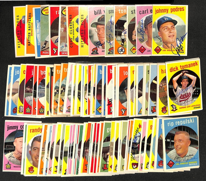 Lot of (123) High-Quality Signed 1959 Topps Cards w. Podres, Erskine, Lopata, Kubek, Burgess, Virdon, Labine, Long, Seivers + (JSA Auction Letter). 