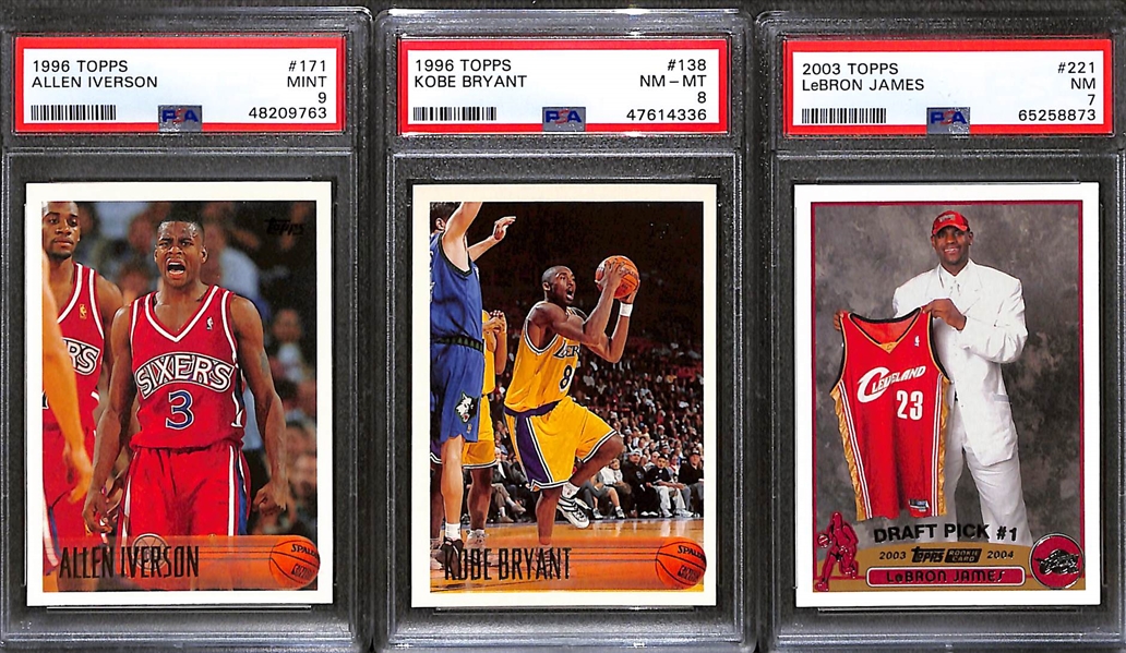 (3) PSA Graded Topps Basketball Superstar Rookies- 2003-04 Lebron James (PSA 7), 1996-97 Kobe Bryant (PSA 8), 1996-97 Allen Iverson (PSA 9)