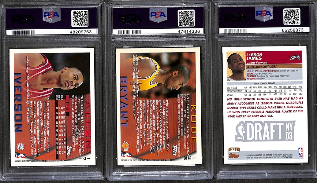 (3) PSA Graded Topps Basketball Superstar Rookies- 2003-04 Lebron James (PSA 7), 1996-97 Kobe Bryant (PSA 8), 1996-97 Allen Iverson (PSA 9)