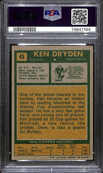 1971-72 Topps Hockey Ken Dryden Rookie Graded PSA 4.5