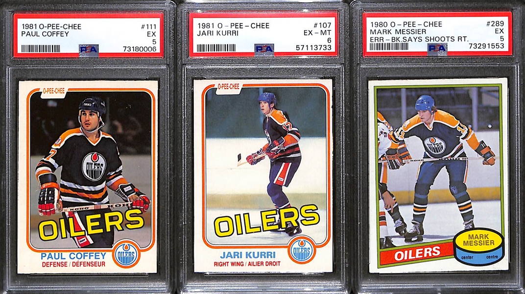 (3) PSA Graded 1980s O-Pee-Chee Oilers Hall of Fame Rookies- 1980-81 Mark Messier (PSA 5), 1981-82 Jari Kurri (PSA 6), 1981-82 Paul Coffey (PSA 5)