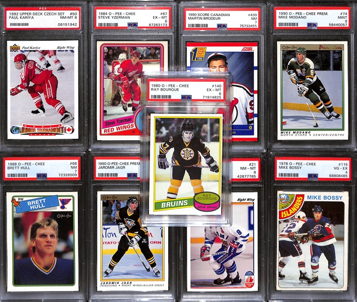 (9) PSA Graded Ice Hockey Hall of Fame Rookies- 1980-81 O-Pee-Chee Ray Bourque (PSA 6), 1984-85 O-Pee-Chee Steve Yzerman (PSA 6), 1978-79 O-Pee-Chee Mike Bossy (PSA 4), 1988-89 O-Pee-Chee Brett...