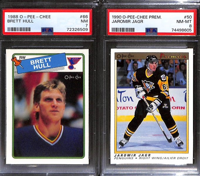 (9) PSA Graded Ice Hockey Hall of Fame Rookies- 1980-81 O-Pee-Chee Ray Bourque (PSA 6), 1984-85 O-Pee-Chee Steve Yzerman (PSA 6), 1978-79 O-Pee-Chee Mike Bossy (PSA 4), 1988-89 O-Pee-Chee Brett...