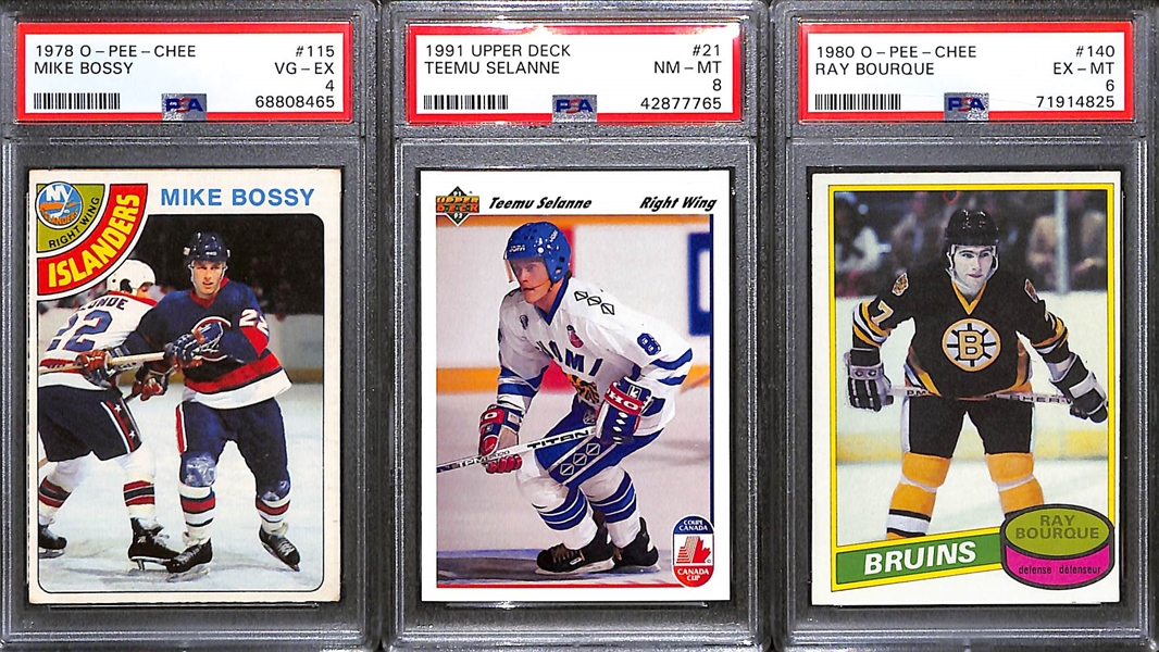 (9) PSA Graded Ice Hockey Hall of Fame Rookies- 1980-81 O-Pee-Chee Ray Bourque (PSA 6), 1984-85 O-Pee-Chee Steve Yzerman (PSA 6), 1978-79 O-Pee-Chee Mike Bossy (PSA 4), 1988-89 O-Pee-Chee Brett...