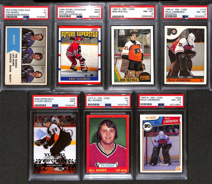 (7) PSA Graded Hockey Superstar and Hall of Famers- 1973-74 O-Pee-Chee Bill Barber Rookie (PSA 5), 2008-09 Upper Deck Claude Giroux Rookie (PSA 9), 1985-86 O-Pee-Chee Pelle Lindbergh (PSA 8), +