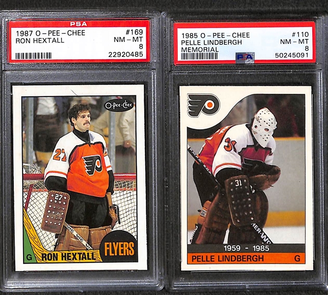 (7) PSA Graded Hockey Superstar and Hall of Famers- 1973-74 O-Pee-Chee Bill Barber Rookie (PSA 5), 2008-09 Upper Deck Claude Giroux Rookie (PSA 9), 1985-86 O-Pee-Chee Pelle Lindbergh (PSA 8), +