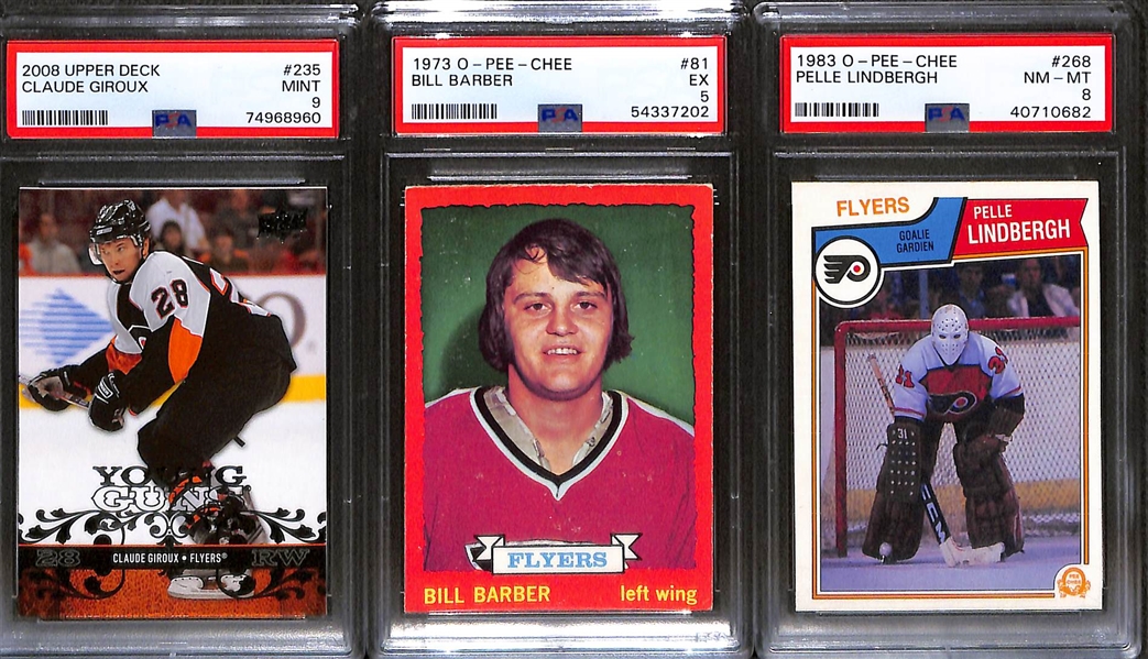 (7) PSA Graded Hockey Superstar and Hall of Famers- 1973-74 O-Pee-Chee Bill Barber Rookie (PSA 5), 2008-09 Upper Deck Claude Giroux Rookie (PSA 9), 1985-86 O-Pee-Chee Pelle Lindbergh (PSA 8), +