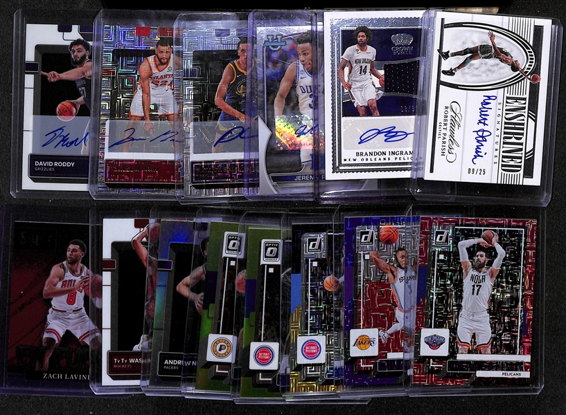 Lot of (15) Basketball Autographs, Serial Numbers, Rookies, and Inserts inc. 2021-22 Flawless Robert Parish Autograph (#/25), 2022-23 Crown Royale Brandon Ingram Jersey Autograph (#/99), 2022-23...