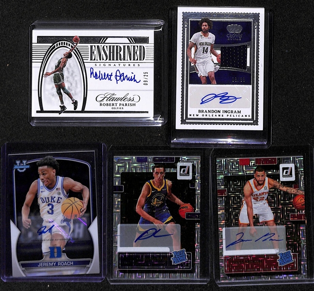 Lot of (15) Basketball Autographs, Serial Numbers, Rookies, and Inserts inc. 2021-22 Flawless Robert Parish Autograph (#/25), 2022-23 Crown Royale Brandon Ingram Jersey Autograph (#/99), 2022-23...