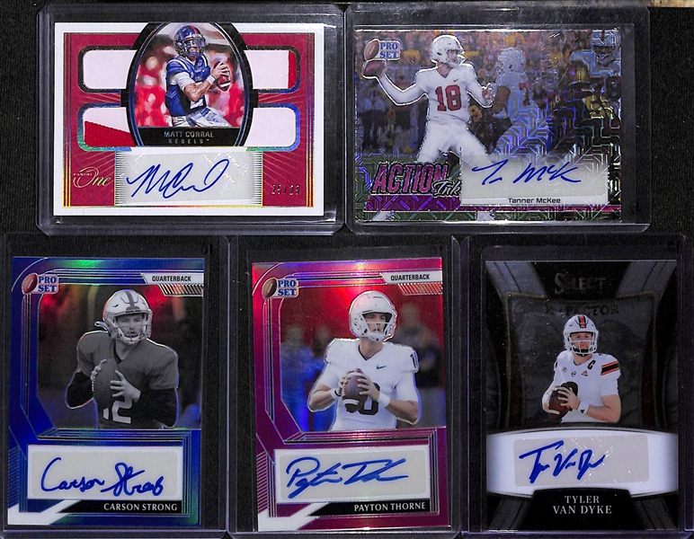 Lot of (16) Quarterback Rookie Autographs, Patches, Short Print Cards inc. Sam Howell Chronicles Draft Absolute Tools of the Trade Triple Patch Autograph (#/99), Sam Howell Pro Set Autograph...