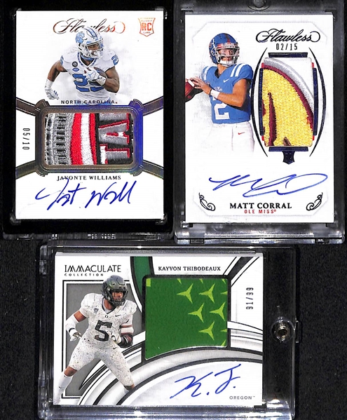 Lot of (3) Football Rookie Patch Autographs inc. 2021 Flawless Javonte Williams Bowl Logo Patch (#/10), 2022 Flawless Matt Corral Bowl Logo Patch (#/15), 2022 Immaculate Kayvon Thibodeaux (#/99)