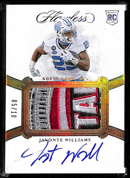 Lot of (3) Football Rookie Patch Autographs inc. 2021 Flawless Javonte Williams Bowl Logo Patch (#/10), 2022 Flawless Matt Corral Bowl Logo Patch (#/15), 2022 Immaculate Kayvon Thibodeaux (#/99)