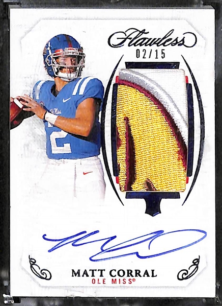 Lot of (3) Football Rookie Patch Autographs inc. 2021 Flawless Javonte Williams Bowl Logo Patch (#/10), 2022 Flawless Matt Corral Bowl Logo Patch (#/15), 2022 Immaculate Kayvon Thibodeaux (#/99)