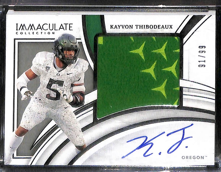 Lot of (3) Football Rookie Patch Autographs inc. 2021 Flawless Javonte Williams Bowl Logo Patch (#/10), 2022 Flawless Matt Corral Bowl Logo Patch (#/15), 2022 Immaculate Kayvon Thibodeaux (#/99)