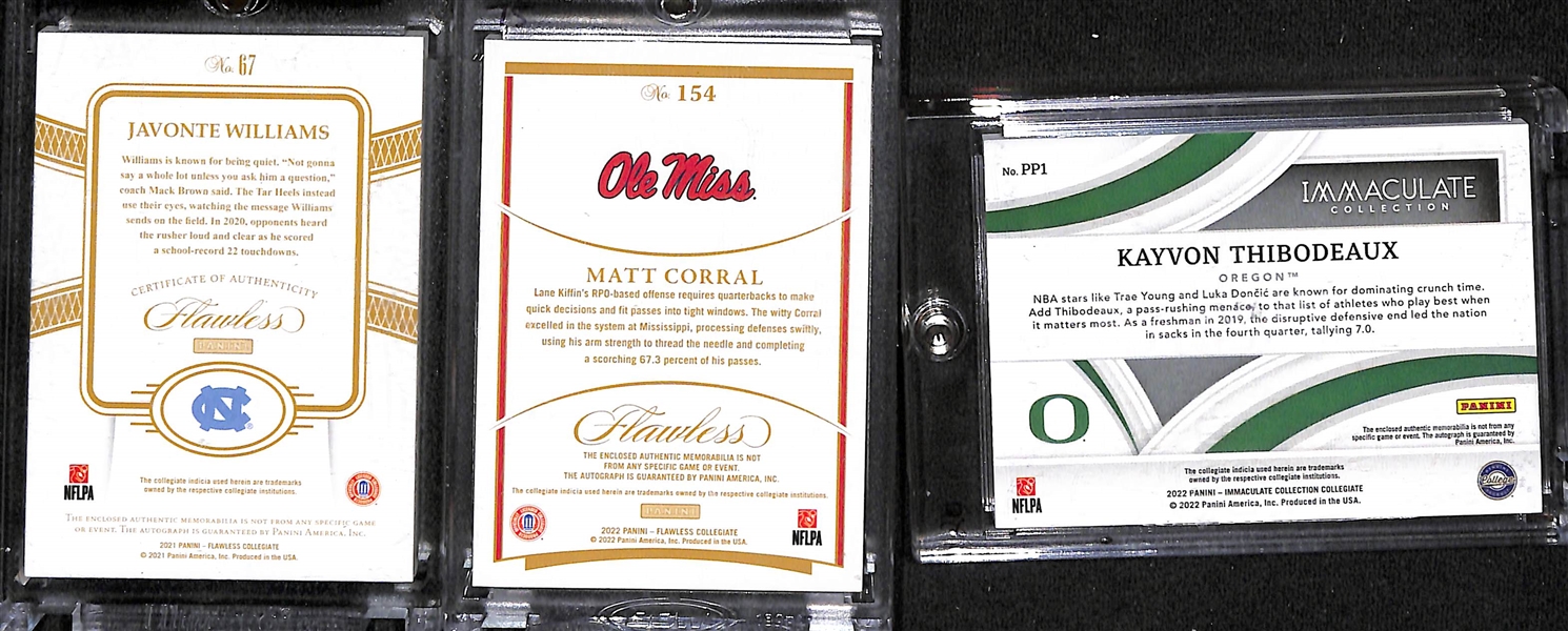 Lot of (3) Football Rookie Patch Autographs inc. 2021 Flawless Javonte Williams Bowl Logo Patch (#/10), 2022 Flawless Matt Corral Bowl Logo Patch (#/15), 2022 Immaculate Kayvon Thibodeaux (#/99)