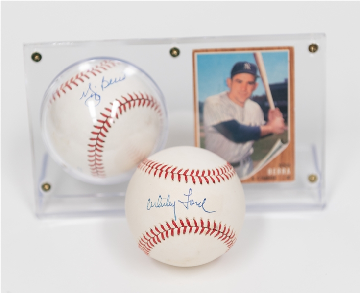 Lot of (2) Signed Baseballs - Whitey Ford & Yogi Berra w. 1962 Topps Baseball Card (JSA Auction Letter)