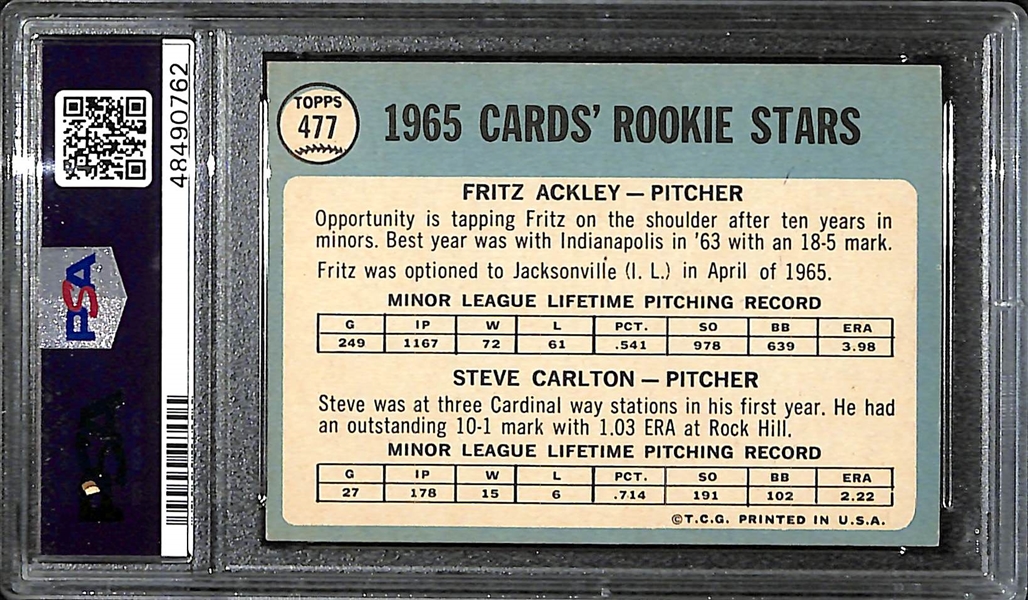 1965 Topps Steve Carlton #477 (HOF) Rookie Card Graded PSA 6