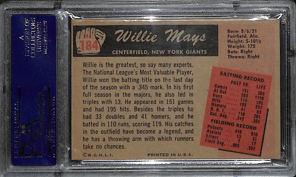 1955 Bowman Willie Mays (HOF) #184 Card Graded PSA 5