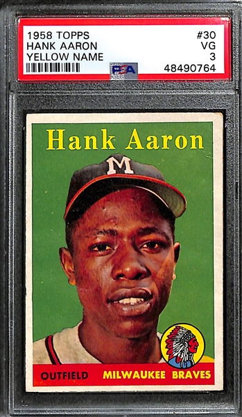 1958 Topps Hank Aaron (HOF) Name In Yellow #30 Card Graded PSA 3