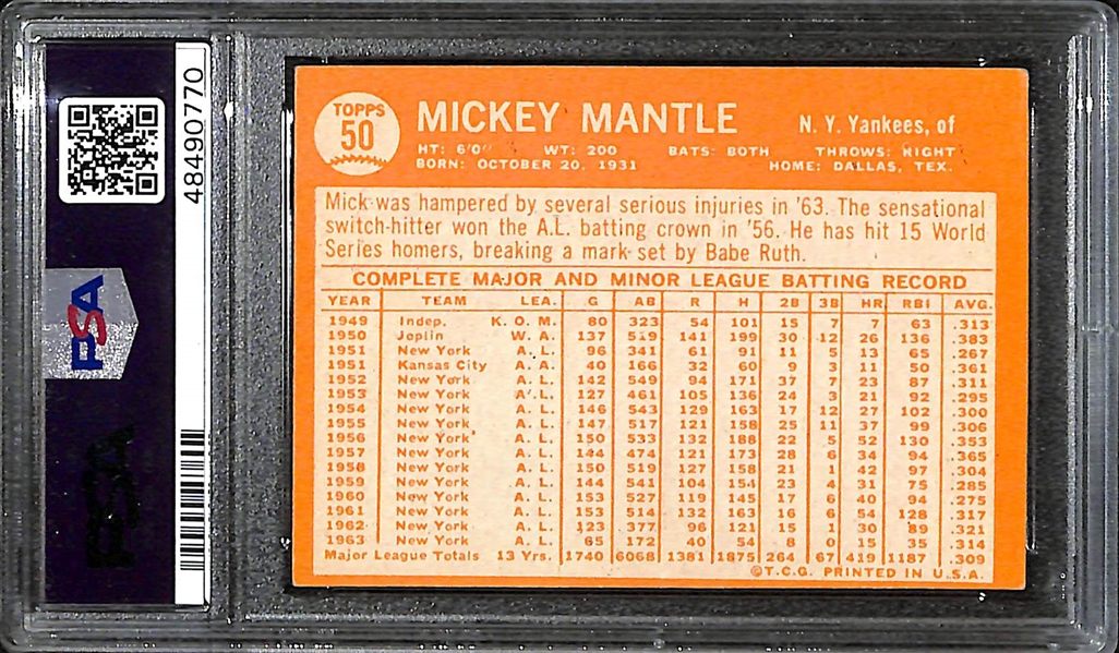 1964 Topps Mickey Mantle (HOF) #50 Card Graded PSA 4