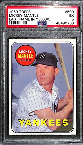 1969 Topps Mickey Mantle (HOF) Last Name In Yellow #500 Card Graded PSA 5