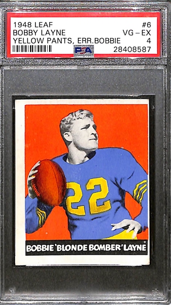 1948 Leaf Bobby Layne #6 (HOF) Rookie Card (Yellow Pants - Error Bobbie) Graded PSA 4