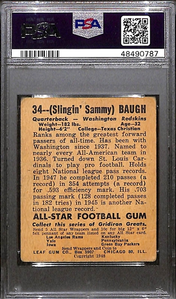 1948 Leaf Sammy Baugh #34 (HOF) Rookie Card (Maroon Jersey) Graded PSA 2