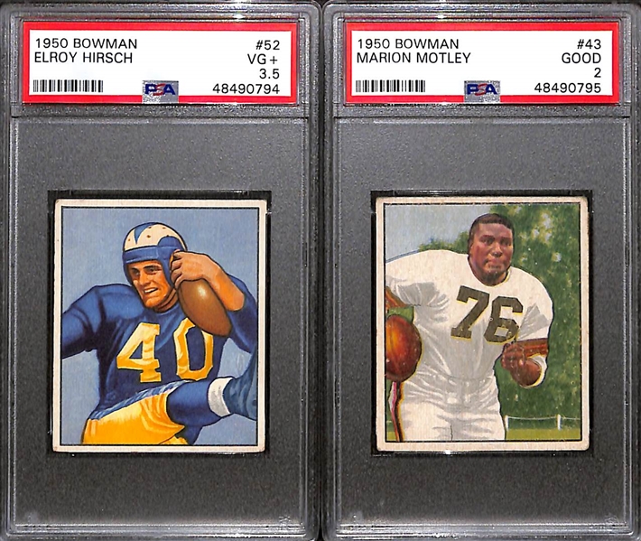 Lot of (2) 1950 Bowman PSA Graded Hall of Fame Rookies inc. Marion Motley (PSA 2), Elroy Hirsch (PSA 3.5)