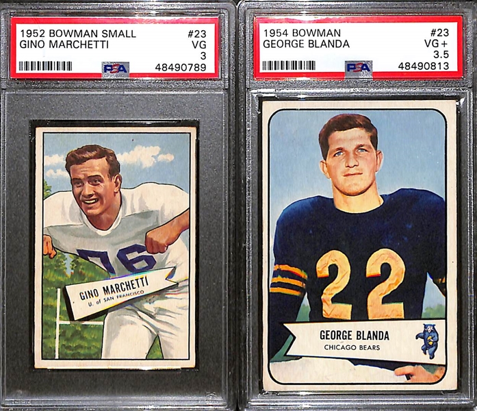 Lot of (2) 1950s Bowman PSA Graded Hall of Fame Rookies inc. 1954 George Blanda (PSA 3.5), 1952 Bowman Small Gino Marchetti (PSA 3)