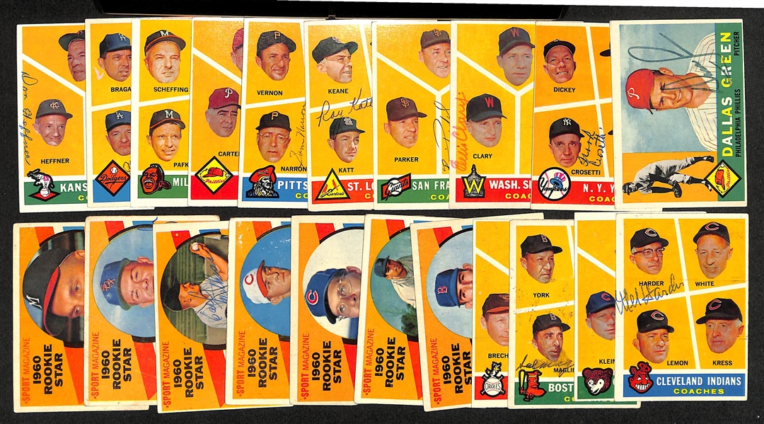  Lot of (21) Signed 1960 Topps Baseball Rookie and Coach Cards w. Green & Cosetti, + (JSA Auction Letter) 