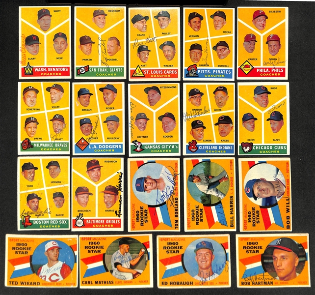  Lot of (21) Signed 1960 Topps Baseball Rookie and Coach Cards w. Green & Cosetti, + (JSA Auction Letter) 