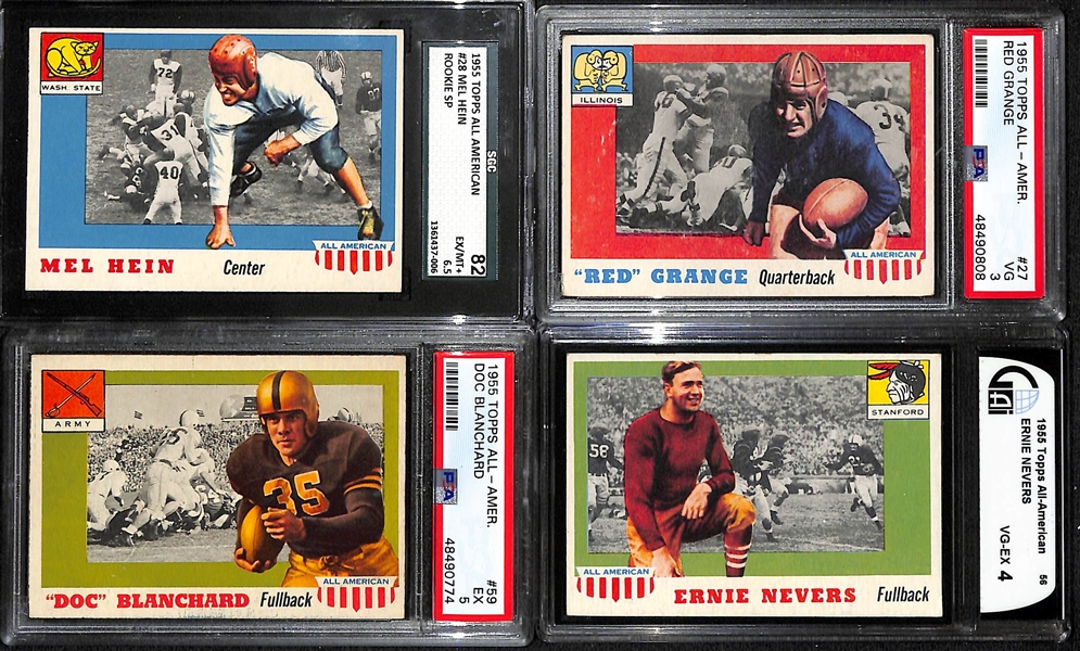 Lot of (4) 1955 Topps All American Graded Hall of Fame Rookie Cards- Mel Hein (SGC 6.5), Red Grange (PSA 3), Doc Blanchard (PSA 5), Ernie Nevers (GAI 4)